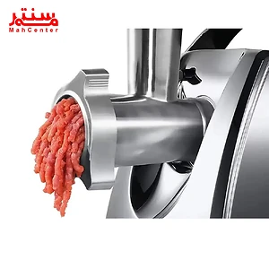 این چرخ گوشت نقره ای و مشکی است و دارای یک سینی بزرگ و یک اهرم فشار دهنده است. گوشت چرخ کرده از جلوی دستگاه بیرون می آید.